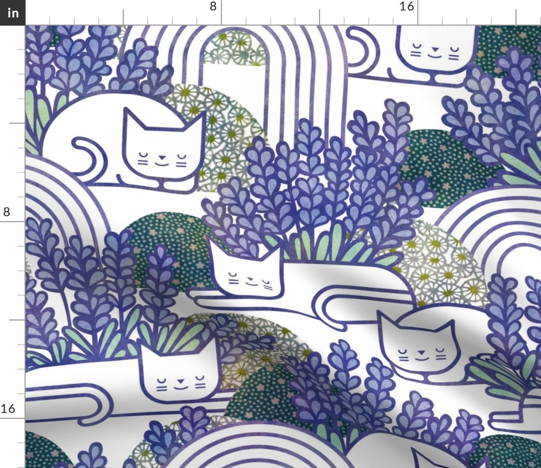 Lavender Field Cats Large Scale- Cat Nap Garden- Lavender- Home Decor