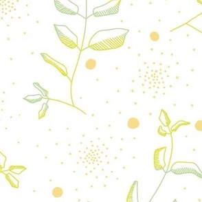 Minimal green leaf twigs and golden yellow dots on white 