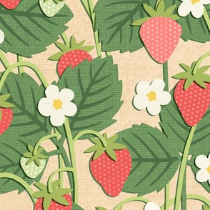 Papercut Strawberry Patch on Beige (Large Scale)