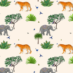Tiger ,Indian elephant jungle pattern ,beige background 