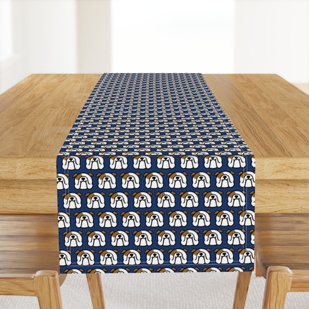 English Bulldog faces fabric on dark blue 