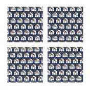 English Bulldog faces fabric on dark blue 