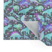 Blue, Aqua, Purple Dinosaurs on grey - small scale