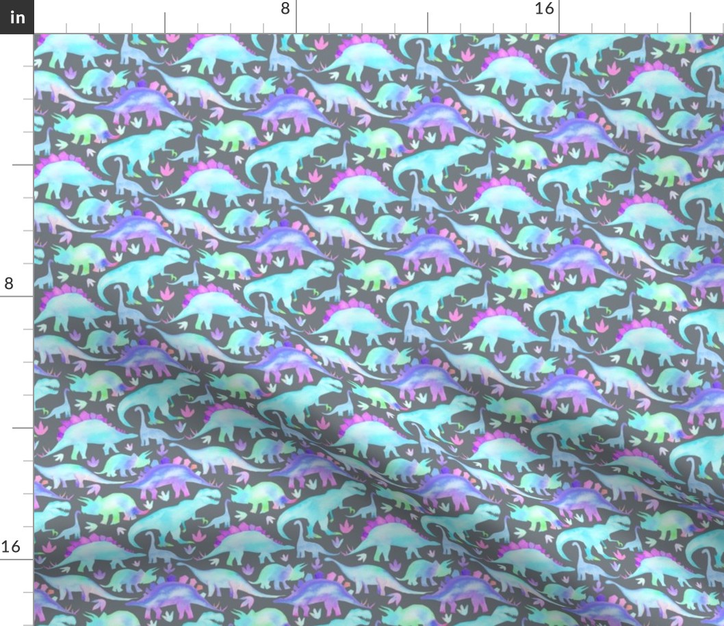 Blue, Aqua, Purple Dinosaurs on grey - small scale