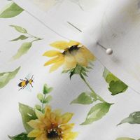 9” sunflowers and bees on white