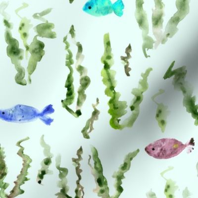Underwater life - watercolor seaweed and fish - sea algae