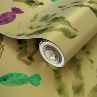 Underwater life - watercolor seaweed and fish - sea algae