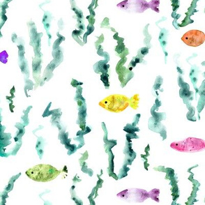 Under the water - watercolor seaweed and fish - sea algae