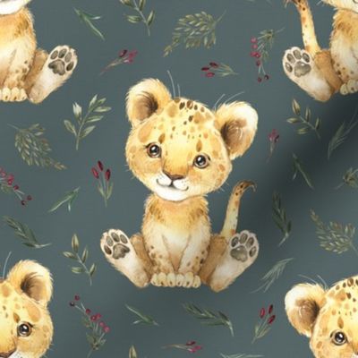 4" baby lion on eucalyptus background floral