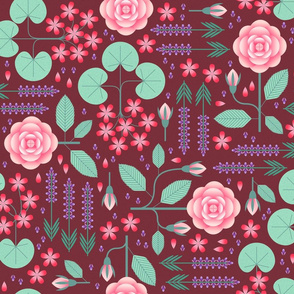 calming flowers on dark red