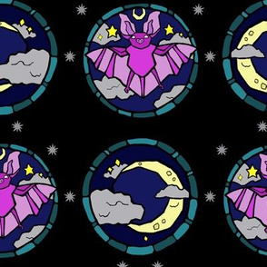 Magenta Bats and Crescent Moons Stained Glass