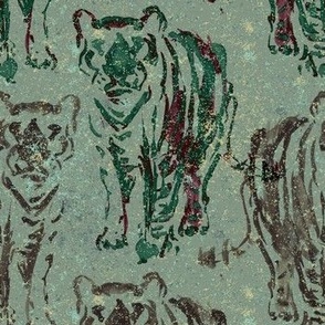 Watercolor Tigers on Sage Green with color splashes Medium scale