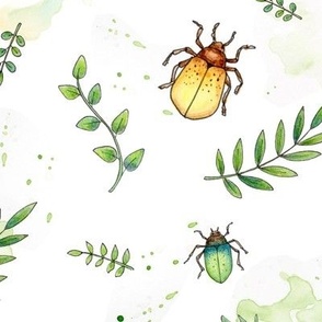 Watercolour Beetles and Leaves on white - medium scale