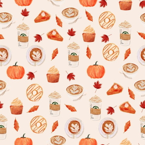 LARGE - watercolor psl - pumpkin spice latte, coffee, latte, pumpkin, fall, autumn fabric - cream