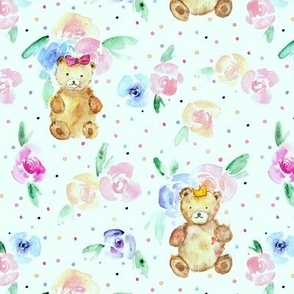 teddies in rose garden on mint - watercolor teddy bears and flowers for nursery p320-5