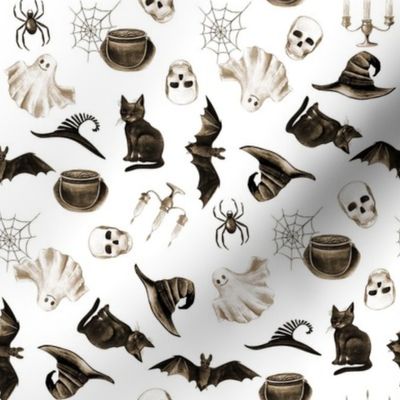 watercolor witch fabric - halloween design - vintage white
