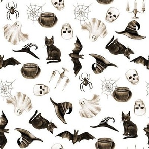 watercolor witch fabric - halloween design - vintage white