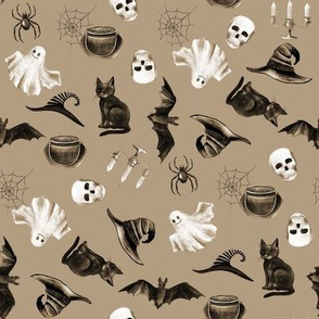 watercolor witch fabric - halloween design - taupe