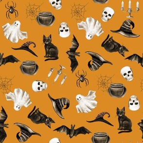 watercolor witch fabric - halloween design - orange