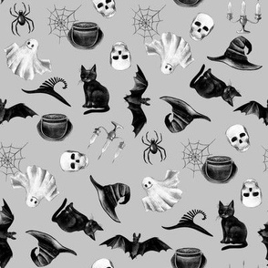 watercolor witch fabric - halloween design - grey