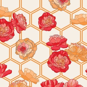 Yellow - red  //hexagonal background  and  flowers
