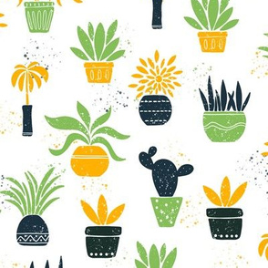Stamp floral flowers leaves cacti, yellow green black, potted pl
