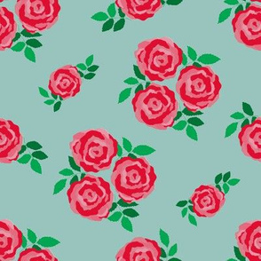 Pink red vintage style roses on teal (large)