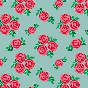 Pink red vintage style roses on teal (small)