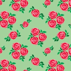 Pink red vintage style roses on green (small)