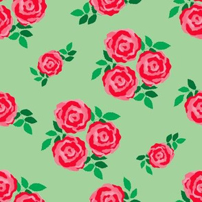 Pink red vintage style roses on green (large)