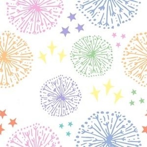 Rainbow fireworks and stars on white (medium)