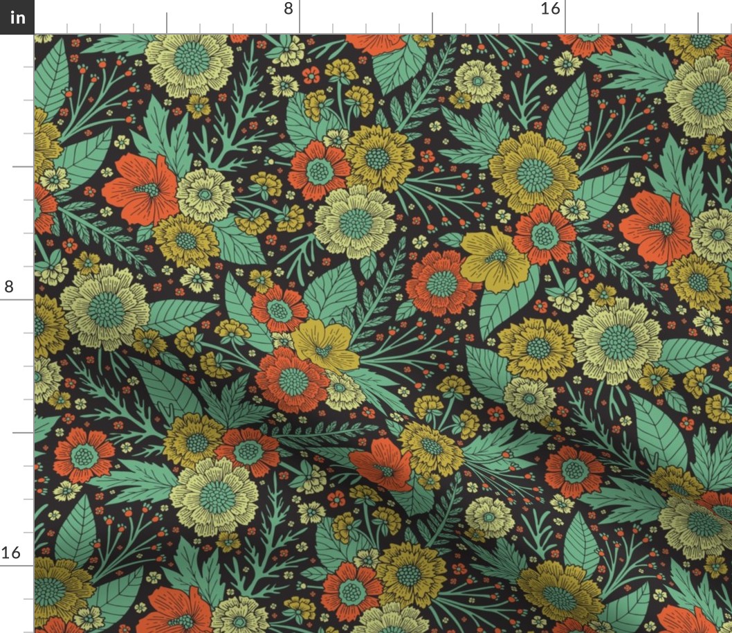 Floral Pattern in Turquoise, Orange & Green