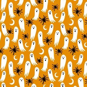 SMALL ghosts and spiders fabric - halloween fabric, spider fabric, ghost fabric, scary fabric, creepy fabric - orange