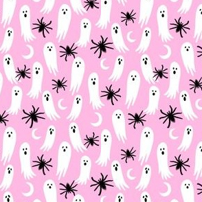 SMALL ghosts and spiders fabric - halloween fabric, spider fabric, ghost fabric, scary fabric, creepy fabric - pink