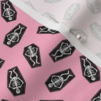 SMALL skeletons fabric - coffin halloween design - pink