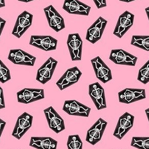 SMALL skeletons fabric - coffin halloween design - pink