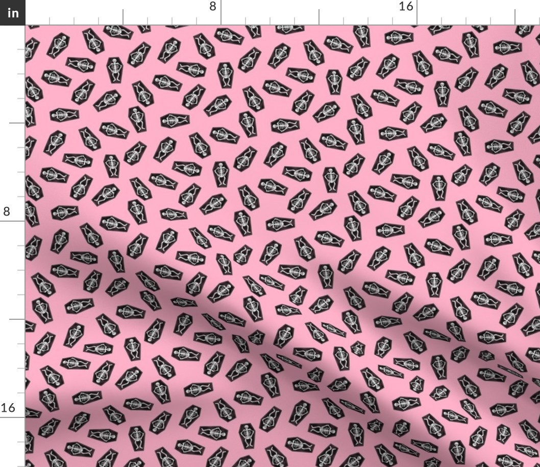 SMALL skeletons fabric - coffin halloween design - pink