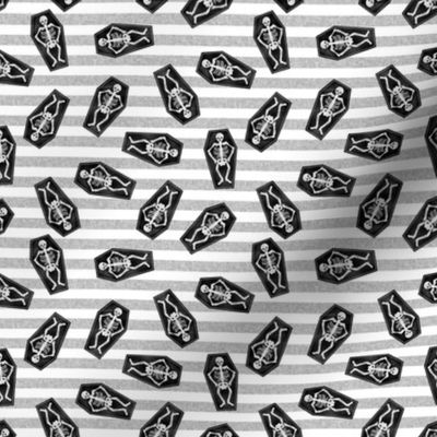 SMALL - skeletons fabric - coffin halloween design - grey stripes