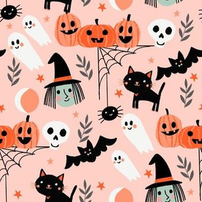 cute halloween fabric - witch, bat, cat, spider, ghosts fabric - pink