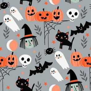 cute halloween fabric - witch, bat, cat, spider, ghosts fabric - grey