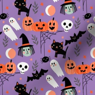 cute halloween fabric - witch, bat, cat, spider, ghosts fabric - purple