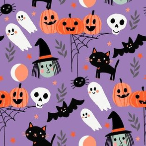cute halloween fabric - witch, bat, cat, spider, ghosts fabric - purple