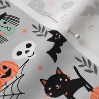 cute halloween fabric - witch, bat, cat, spider, ghosts fabric - grey