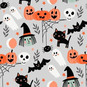 cute halloween fabric - witch, bat, cat, spider, ghosts fabric - grey