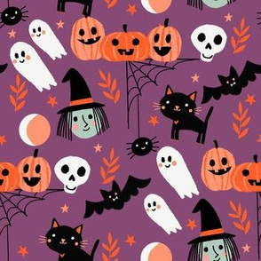 cute halloween fabric - witch, bat, cat, spider, ghosts fabric - dark purple