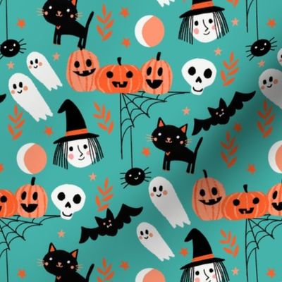 cute halloween fabric - witch, bat, cat, spider, ghosts fabric - turquoise