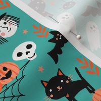 cute halloween fabric - witch, bat, cat, spider, ghosts fabric - turquoise