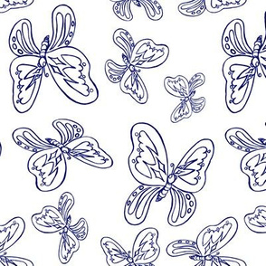 butterflies pattern line drawing navy blue white 1