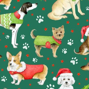 Dogs in Christmas Coats and Hats on emerald - large scale