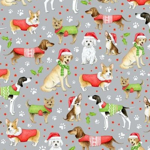 Dogs in Christmas Coats and Hats on light grey - medium scale
